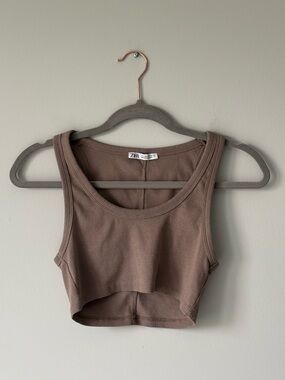Zara Brown Ribbed Cropped Tank Top Size L